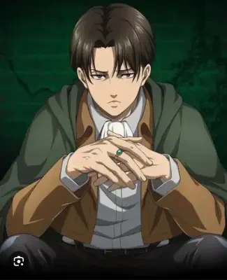 Levi Ackerman (Attack on Titan) seated with an intense gaze, hands clasped showing a green ring, wearing a brown jacket and green Survey Corps cloak against a dark wall.