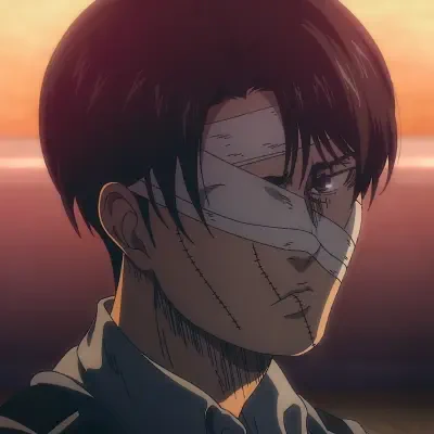 Levi Ackerman from Attack on Titan, bandaged across eye and cheek, solemn expression, short dark hair and military-collared uniform, warm sunset background