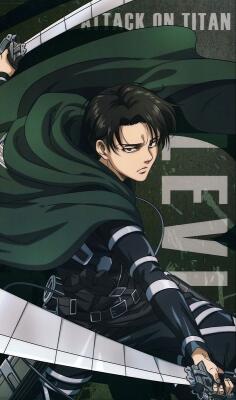 Levi Ackerman from Attack on Titan in Survey Corps uniform and green cloak, poised mid-leap with drawn blades and a stern, focused expression.