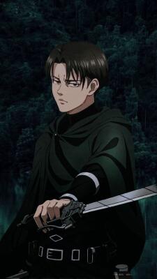 Levi Ackerman from Attack on Titan: stern, short black hair, dark cloak and harness, gripping a drawn blade against a shadowy forest backdrop.