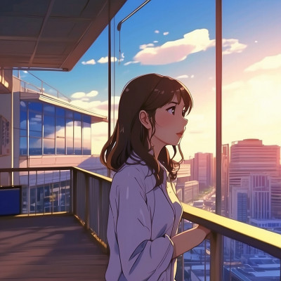 Anime girl gazing at cityscape during sunset from balcony.