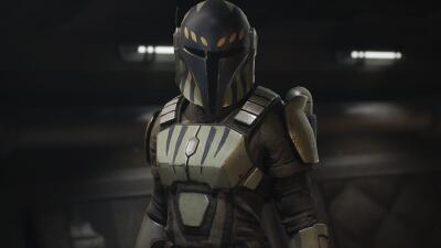 Mandalorian-armored warrior in green-and-black plated armor with T-shaped visor helmet standing in a dim metallic corridor, Star Wars: Zero Company