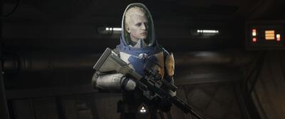Hooded, pale-armored soldier grips a blaster rifle in a dim metallic corridor — Star Wars: Zero Company