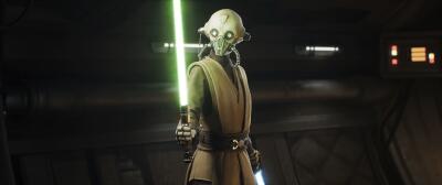 Gas-masked humanoid in robes brandishing a green lightsaber in a dim starship corridor — Star Wars: Zero Company