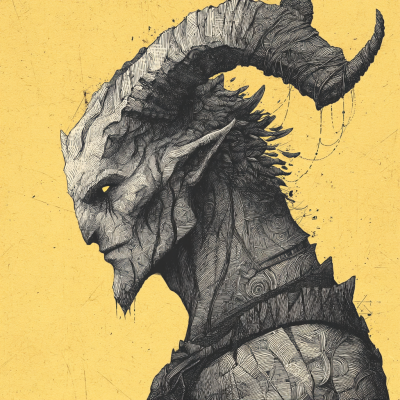 Intricately detailed demon with large curved horns, glowing eyes, and textured skin, resembling a Dungeon Keeper character, set against a solid yellow background.