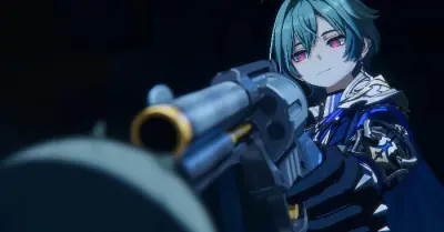 Lohen (Genshin Impact) — teal‑haired character with pink eyes in a dark ornate outfit aiming a massive gun toward the viewer against a shadowed backdrop.