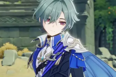 Lohen (Genshin Impact) close-up: silver-green hair and red eyes, wearing blue ornate armor and cape, standing before sunlit stone ruins and foliage.