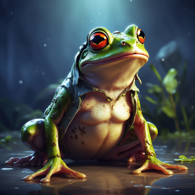 Close-up of a vibrant green frog sitting on a wet surface with a mystical forest background.