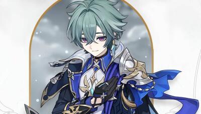 Lohen (Genshin Impact) with mint-green hair and purple eyes, in ornate blue-and-gold armor and flowing cloak, hand over chest against a snowy, arched background.