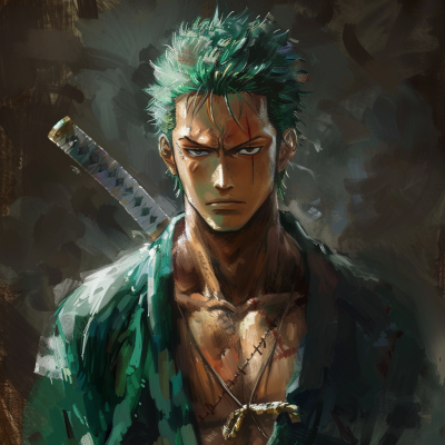 Illustration of Roronoa Zoro from One Piece with his signature green hair and a katana on his back, exuding a fierce and determined expression.