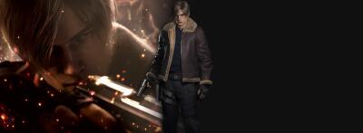 Leon S. Kennedy in Resident Evil 4 Integrate standing with a shotgun, a close-up face behind him and glowing embers on a dark background.