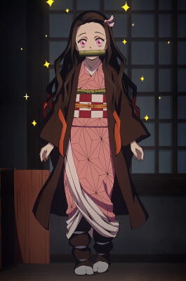 Nezuko Kamado (Demon Slayer -Kimetsu no Yaiba- The Movie: Mugen Train) stands in a dim room wearing her pink patterned kimono and brown haori, bamboo muzzle, and long dark hair.