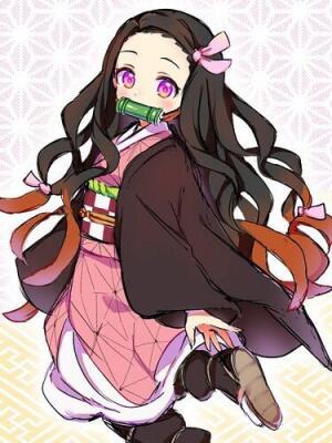 Nezuko Kamado, Demon Slayer -Kimetsu no Yaiba- The Movie: Mugen Train — chibi-style Nezuko in a pink kimono with bamboo muzzle, long flowing hair and ribbons, leaping against a pale patterned background.