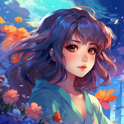 Illustration of a young woman with azure blue hair surrounded by dreamy, vivid orange flowers representing the concept of Azure Dreams.