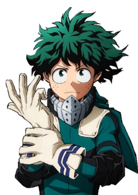 Izuku Midoriya from My Hero Academia wearing his hero costume, pulling on a glove with a focused expression.
