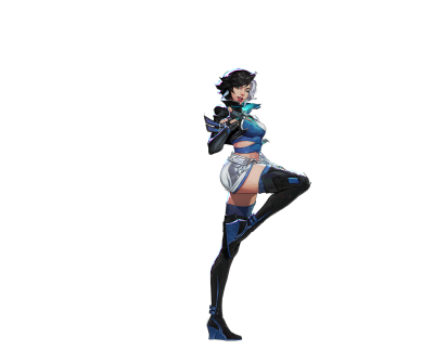 Female hero from Marvel Rivals in blue-black armor, short dark hair, one leg raised, palm emitting glowing cyan energy.