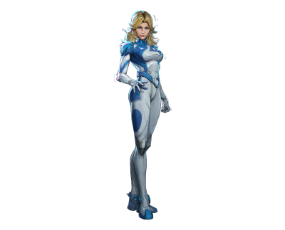 Marvel Rivals artwork of a blonde female superhero in a sleek blue-and-white high-tech bodysuit, standing confidently against a black background.