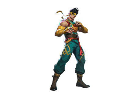 Marvel Rivals character: muscular martial artist in teal pants, yellow arm wraps and red sash, wearing a headband and posed in a fighting stance on a black background.