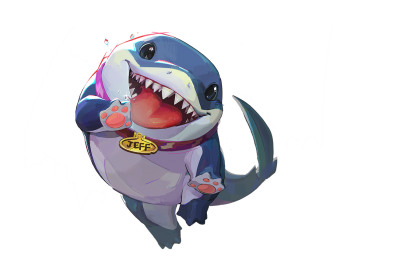 Cute chibi shark with a big toothy grin, paw-like fins and a collar reading JEFF, mid-leap — Marvel Rivals artwork.