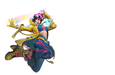 Marvel Rivals character mid-leap: young woman in colorful jacket and headphones, neon rings and glowing energy, futuristic streetwear and gloves, dynamic expressive pose.