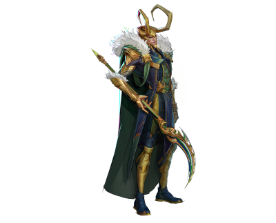 Marvel Rivals Loki in green-and-gold armor with fur-trimmed cloak and horned helmet, holding an ornate long scepter with a curved blade.