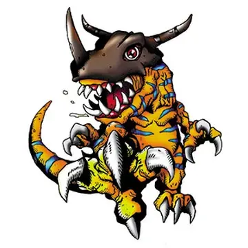 Greymon (Digimon): small orange, blue-striped dinosaur wearing a horned skull helmet, drooling and baring sharp teeth and claws in a crouched snarl.