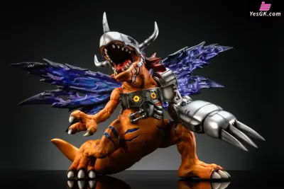 Figure of Greymon (Digimon) crouching with open jaws, armored chest and large mechanical arm cannon, tattered purple wings spread, on a dark backdrop.