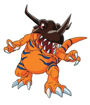 Greymon (Digimon): orange, dinosaur-like creature with a horned brown skull helmet, sharp teeth and claws, blue stripes, standing in an aggressive pose.