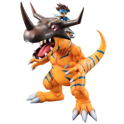 Greymon (Digimon): large orange dinosaur-like creature with blue stripes, black horned skull helmet, sharp claws and open jaws, a goggles-wearing boy riding on its back.