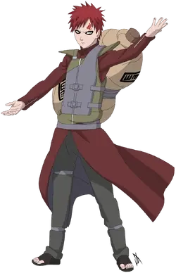 Gaara (Naruto) stands with arms outstretched, red hair and dark-rimmed eyes, wearing a long red coat and gray vest with a large sand gourd strapped to his back.