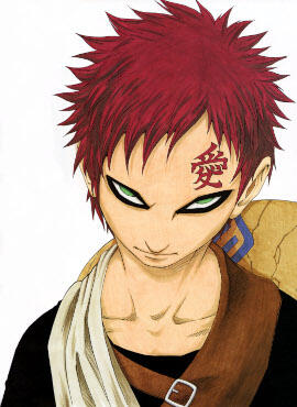 Portrait of Gaara (Naruto) with spiky red hair, the red 愛 kanji on his forehead, intense dark-rimmed green eyes, pale skin, sash and sand gourd on his back.