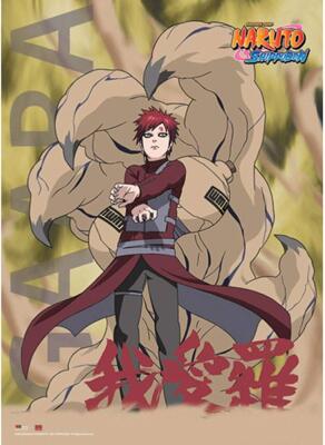 Gaara (Naruto) standing with arms poised, sand rising into massive swirling tails behind him, determined expression, Naruto Shippuden logo in the corner.