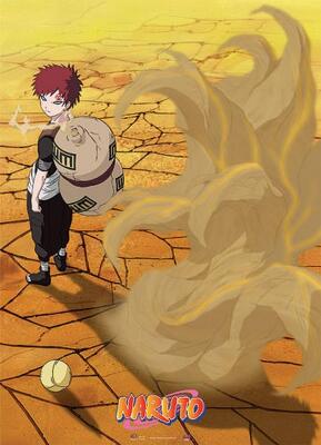 Gaara (Naruto) on cracked desert ground, wearing his sand gourd as sand swirls into a large flowing form behind him; Naruto logo appears at the bottom.