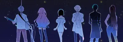 Six silhouetted, neon-rimmed figures with varied heights and hairstyles stand on an alien stage beneath a star-filled night sky.