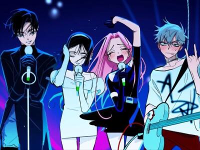 Three anime singers and a blue-haired guitarist perform under neon lights on an Alien Stage; pink-haired vocalist strikes an exuberant pose amid glowing cables and deep blue background.