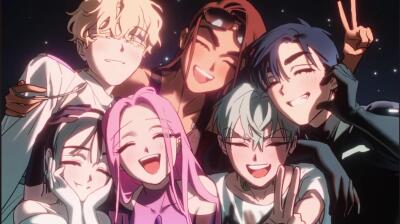 Six cheerful anime-style characters pose close together for a group selfie beneath a starry sky, bright hair colors and peace signs — promotional art for Alien Stage.