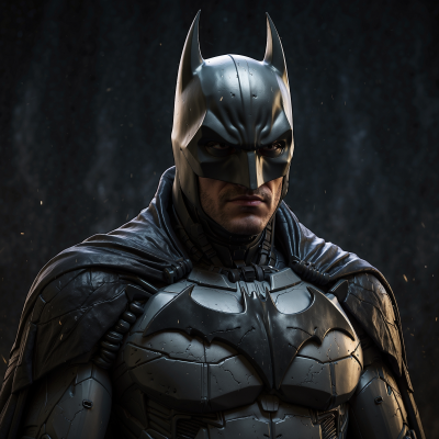Intense portrait of Batman in full costume with a cowl, showcasing the iconic superhero's vigilant expression.