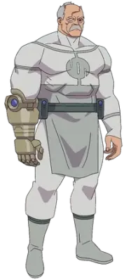 Conquest (Invincible): older, muscular man in white armor and apron-like tabard, wearing a massive mechanical gauntlet, stern and battle-ready — Invincible VS