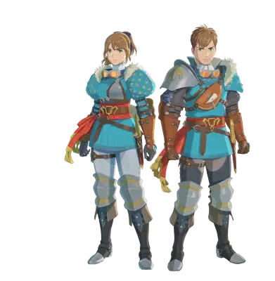 Two armored riders from Monster Hunter Stories 3: Twisted Reflection, male and female in blue fur-collared armor with red sashes, gauntlets, standing side by side.