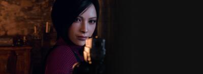Close-up of Ada Wong from Resident Evil 4, in a red dress aiming a handgun toward the viewer, dim rustic interior behind her, tense determined expression.