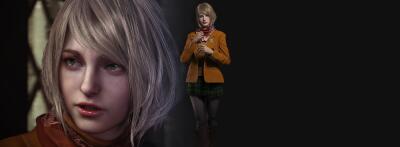 Close-up and full-body portrait of Ashley Graham from Resident Evil 4, pale silver-haired woman in an orange jacket and green skirt standing against a dark background.
