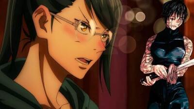 Maki Zenin from Jujutsu Kaisen: close-up with glasses and determined look, and a bloodied, wounded Maki clutching a sword against a dark, bokeh-lit background.