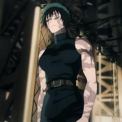 Maki Zenin from Jujutsu Kaisen standing beneath metal scaffolding, muscular arms, sleeveless dark outfit and headband, stern expression illuminated by dramatic lighting.