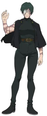 Maki Zenin from Jujutsu Kaisen — full-body: tall, muscular woman with short green hair and glasses, dark fitted outfit and cape, brown belt, scarred forearms, right hand raised.