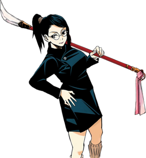 Maki Zenin of Jujutsu Kaisen in a dark school uniform and glasses, striking a confident pose while shouldering a long red polearm.