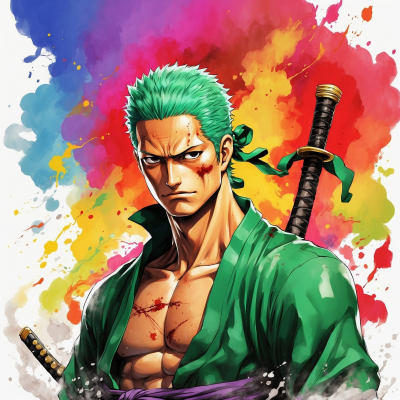 Roronoa Zoro from One Piece anime with swords and vibrant color splash background.
