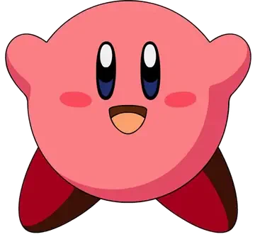 Kirby from Super Smash Bros. Melee, smiling pink round character with blushing cheeks, big eyes, stubby arms and red feet on a plain background.
