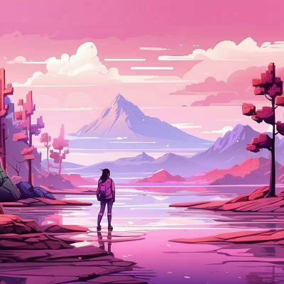 Pixel art landscape with a figure standing by a reflective lake at sunset.