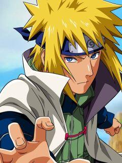 Minato Namikaze from Naruto Shippūden reaching forward, blond spiky hair, blue eyes, forehead protector and white cloak, intense focused expression.