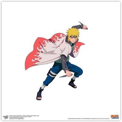 Minato Namikaze from Naruto Shippūden crouched in a dynamic kunai-throwing pose, wearing his white flame-edged Hokage cloak and blue shinobi attire.